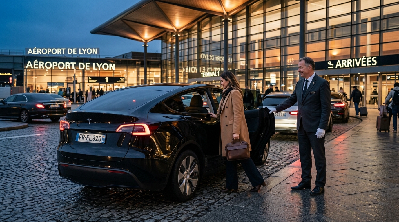 Accueil chauffeur privé en Tesla noire à l'aéroport